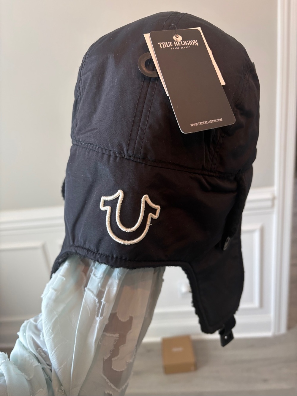 True Religion Black Earflap Logo Hat